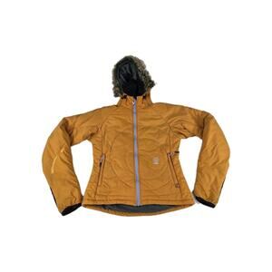 Loki Primaloft Puffer Jacket Size M orange Hoodie Fur Trim Snow Winter Jackets
